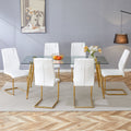 Table And Chair Set.Modern Rectangular Glass Dining Table With A Tempered Glass Tabletop And Metal Legs, Paired With Multiple Chairs Designed With Pu Cushions And Golden Metal Legs. White Gold Seats 6 Tempered Glass