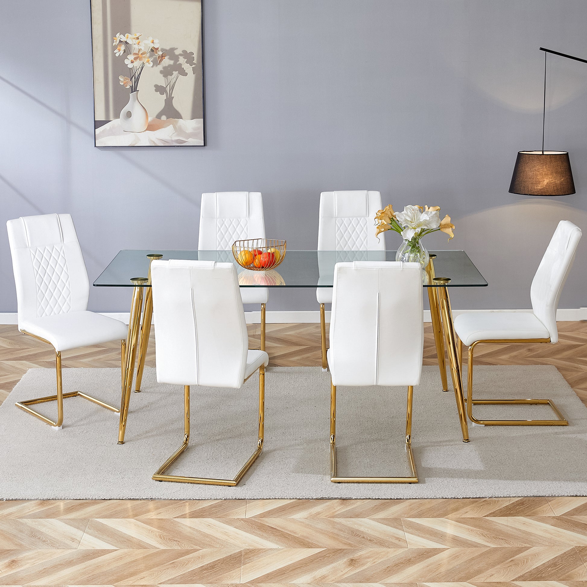 Table And Chair Set.Modern Rectangular Glass Dining Table With A Tempered Glass Tabletop And Metal Legs, Paired With Multiple Chairs Designed With Pu Cushions And Golden Metal Legs. White Gold Seats 6 Tempered Glass