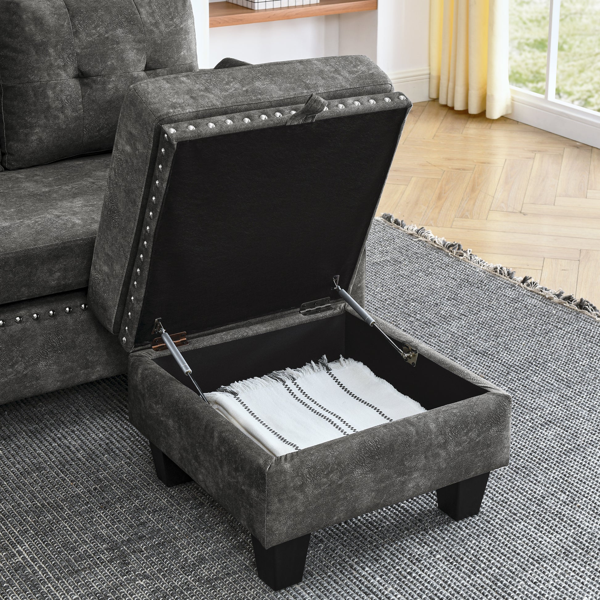 Sectional 3 Seaters Sofa ,Double Sided Multi Functional Footstool, Storage Matnon Slip Leg, Two Pillows, Velvet, Dark Grey Dark Grey Velvet 3 Seat