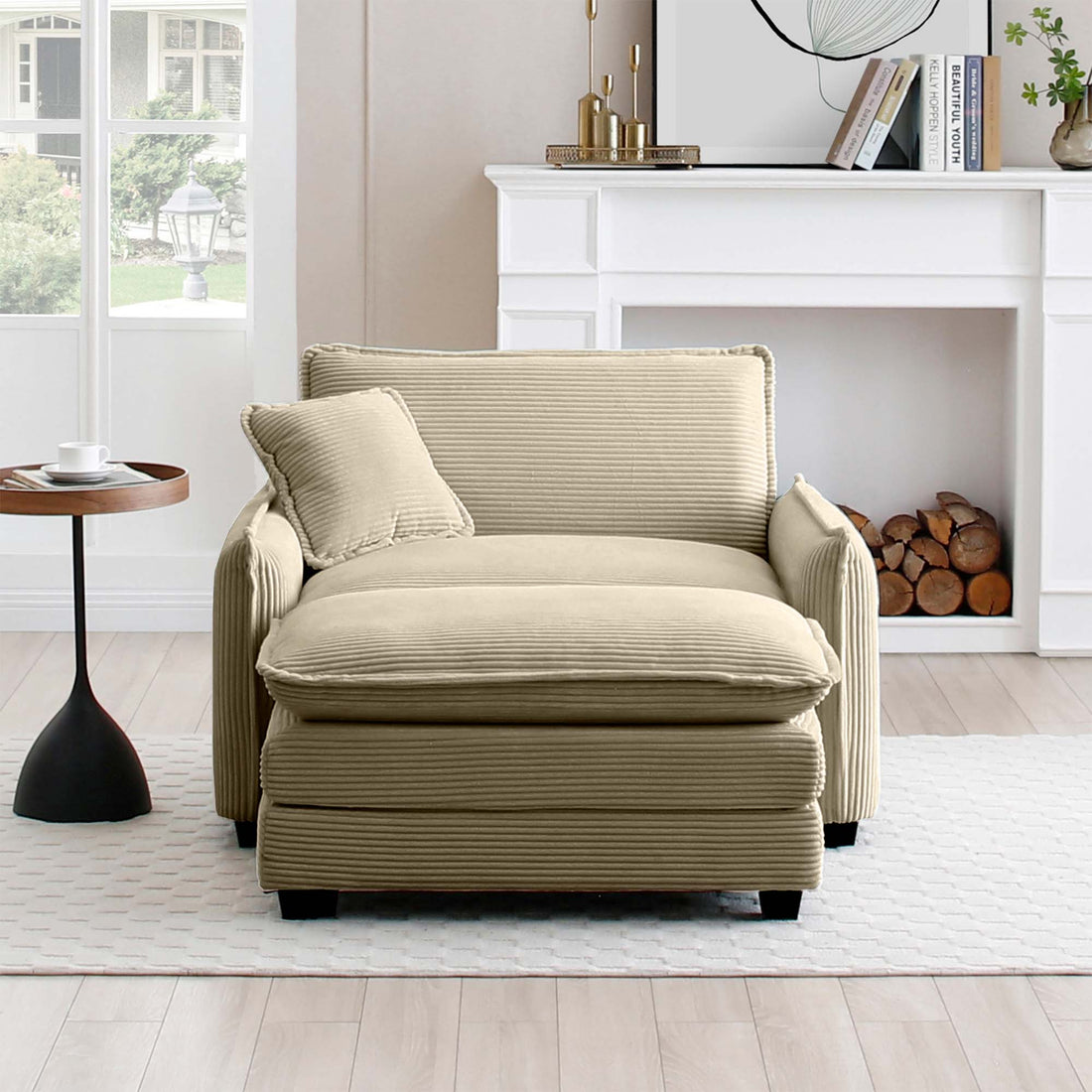 Single Deep Seat Sofa With Footstool With One Pillow, Suitable For Living Room And Bedroom, Club Multiple Occasion,Came Corduroy Camel Corduroy 1 Seat