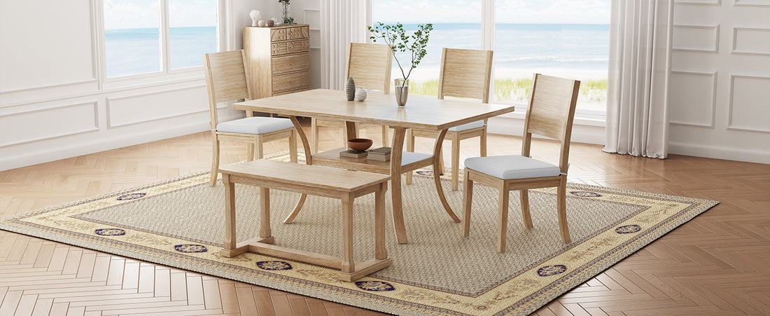 6 Piece Wood Dining Table Set With Storage Shelf And Curved Legs, Kitchen Table Set With Bench And 4 Removable Cushions Dining Chairs, Modern Style, Natural Beige Cushion Wood Dining Room Distressed Finish Rubberwood Rectangular Dining Table With Bench