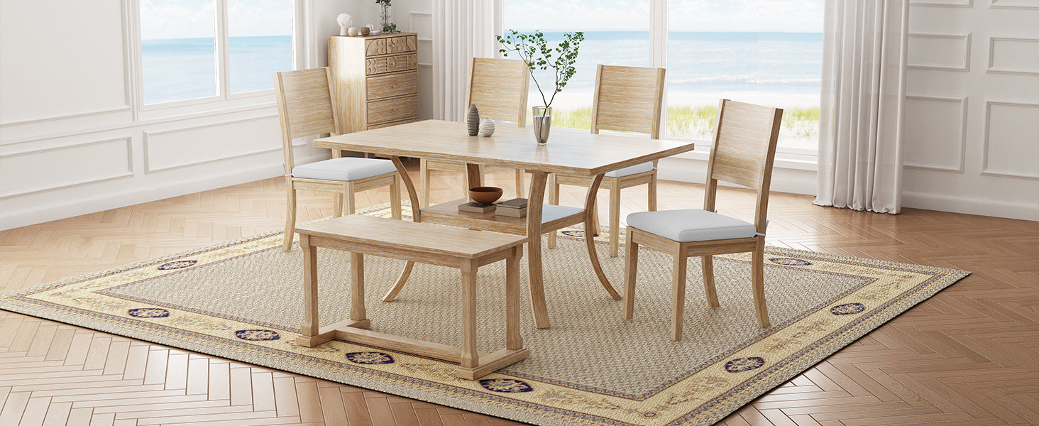 6 Piece Wood Dining Table Set With Storage Shelf And Curved Legs, Kitchen Table Set With Bench And 4 Removable Cushions Dining Chairs, Modern Style, Natural Beige Cushion Wood Dining Room Distressed Finish Rubberwood Rectangular Dining Table With Bench