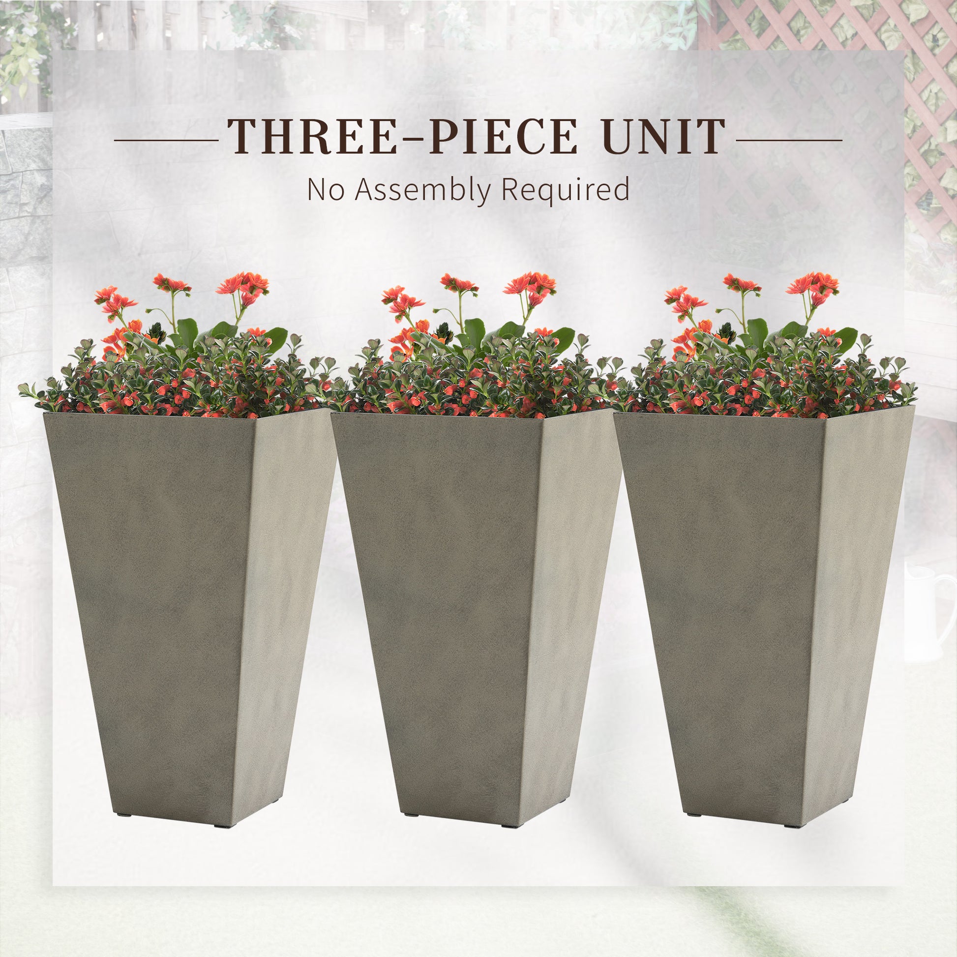 Outsunny Set Of 3 Tall Planters With Drainage Hole, 28" Outdoor Flower Pots, Indoor Planters For Porch Patio And Deck, Gray Gray Polypropylene