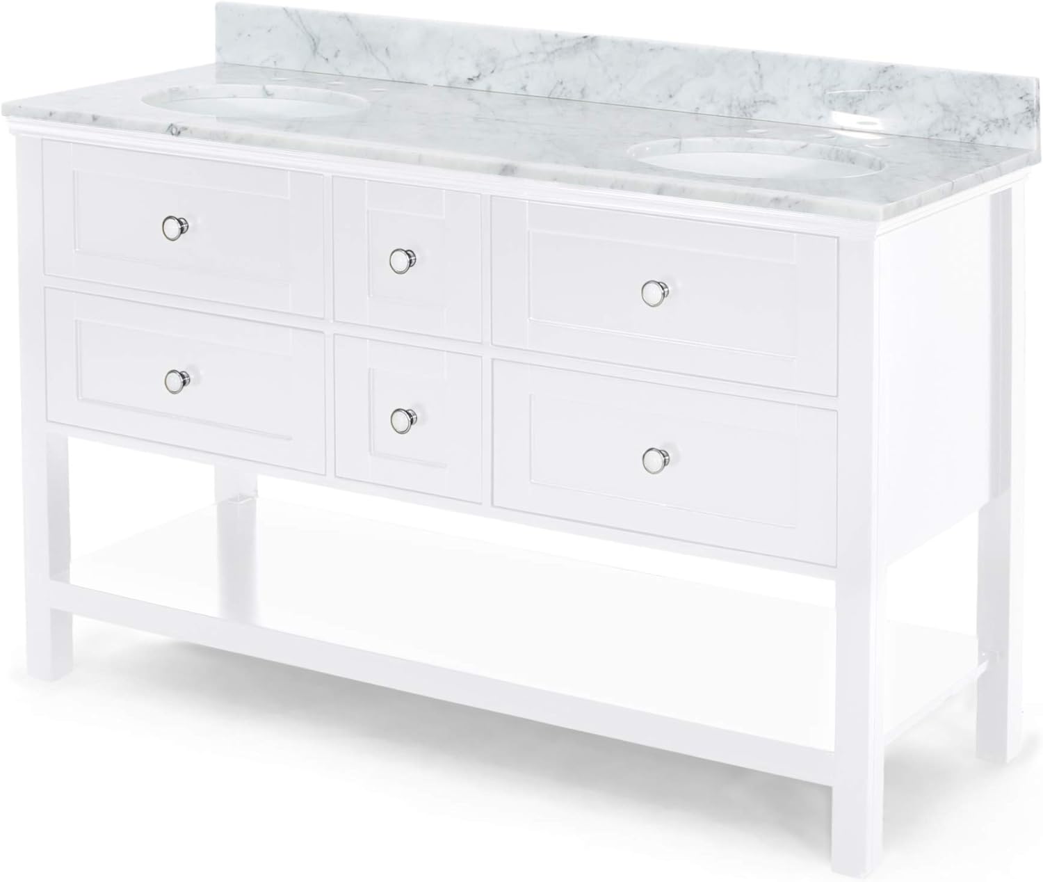 61'' Bathroom Vanity With Marble Top & Double Ceramic Sinks, 4 Drawers, Open Shelf, White White Plywood