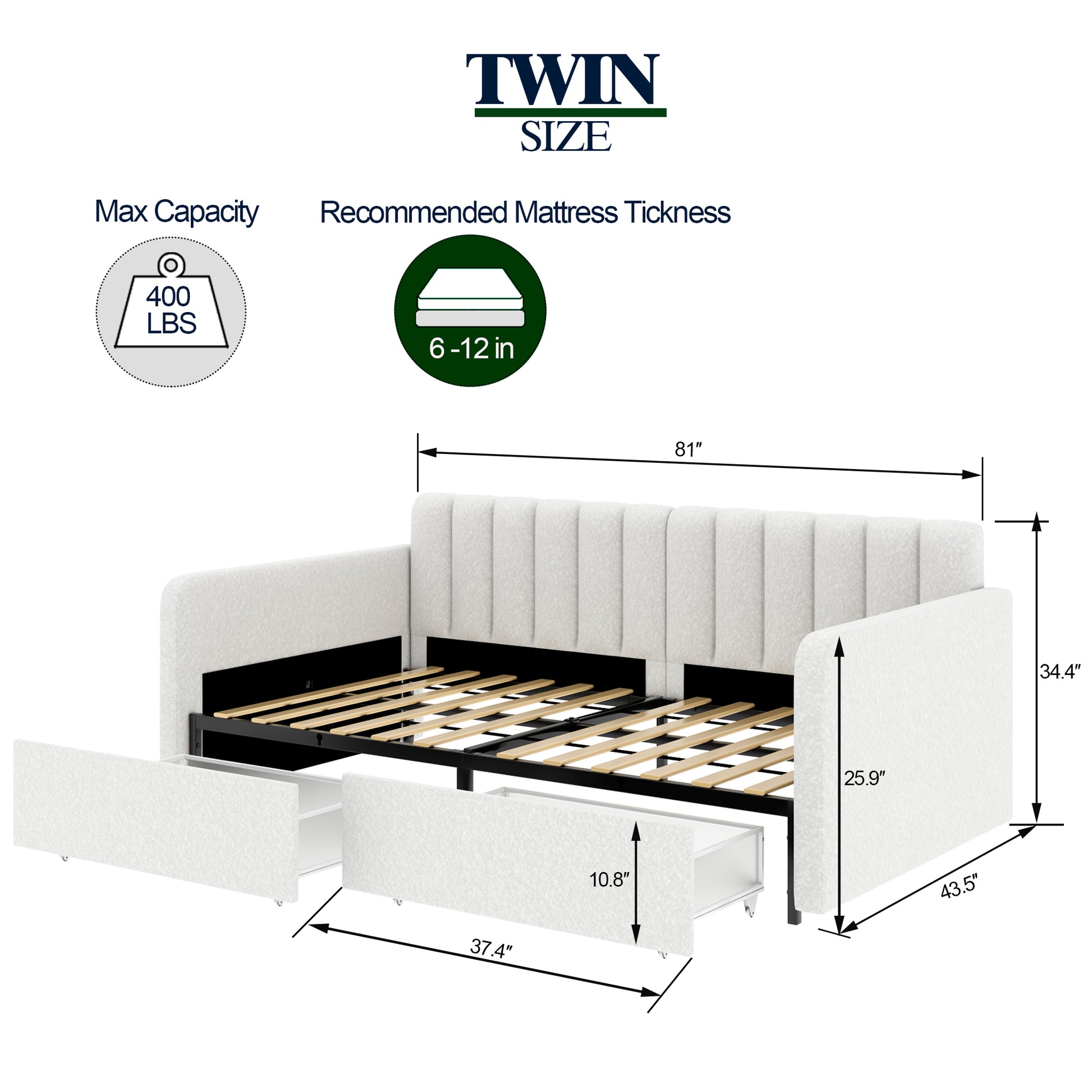 Flora Upholstered Daybed With 2 Drawers, Twin, Ivory Boucle, Ribbed Tufted Backrest, Daybed In Lavish Modern Design Box Spring Not Required Twin Ivory Metal Bedroom Classic,Contemporary,Minimalist,Traditional,Transitional Upholstered Upholstered