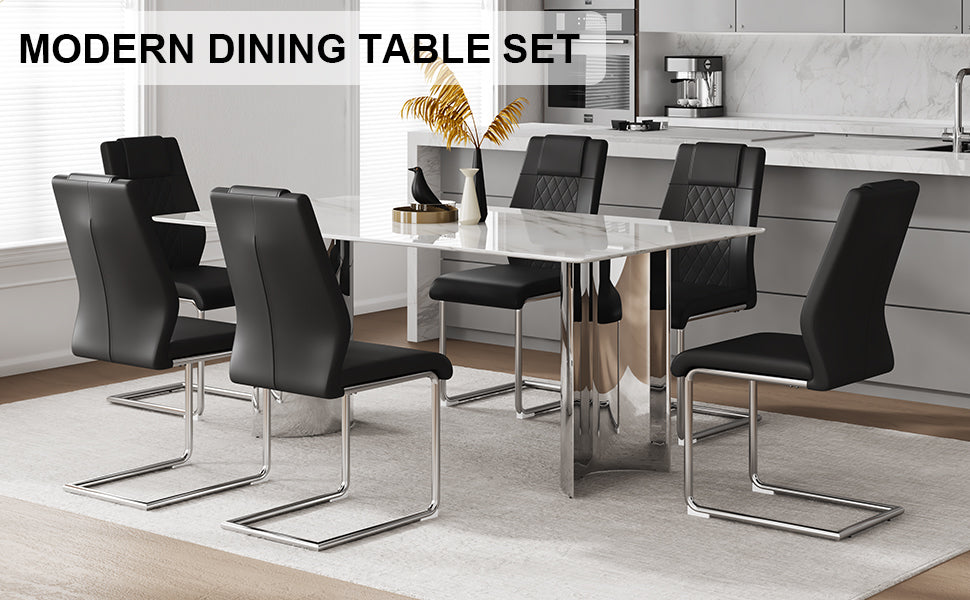 Table And Chair Set, Modern And Minimalist Dining Table. Imitation Marble Glass Sticker Desktop, Stainless Steel Legs, Stable And Beautiful. Comfortable Pu Seats. Dt 69 Silver Glass