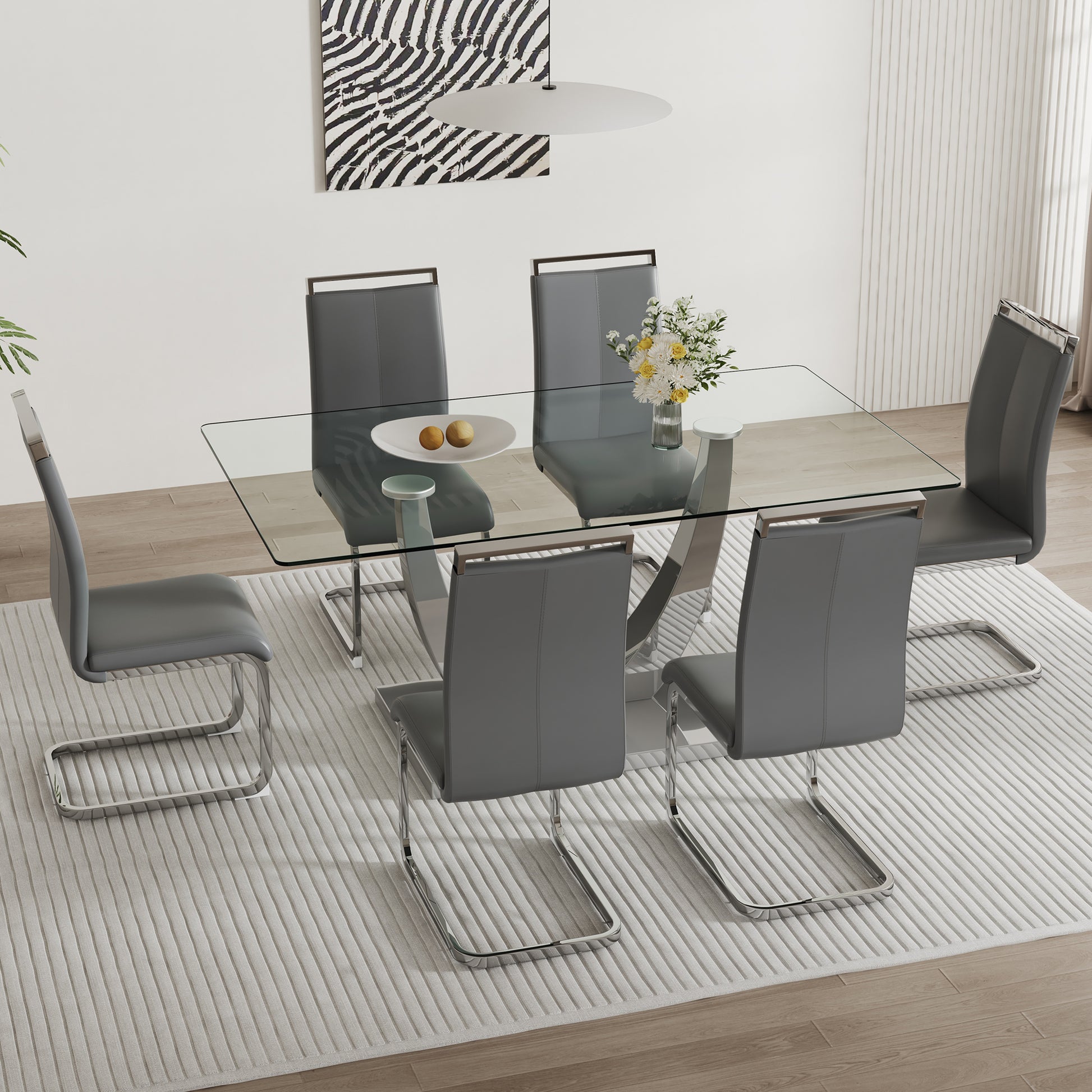 Table And Chair Set. Large Modern Rectangular Table With Glass Top And Silver Metal Legs. Furnished With Soft And Comfortable Pu Chairs With Faux Leather Upholstered Seats And Silver Metal Legs. Gray Silver Seats 6 Glass Metal