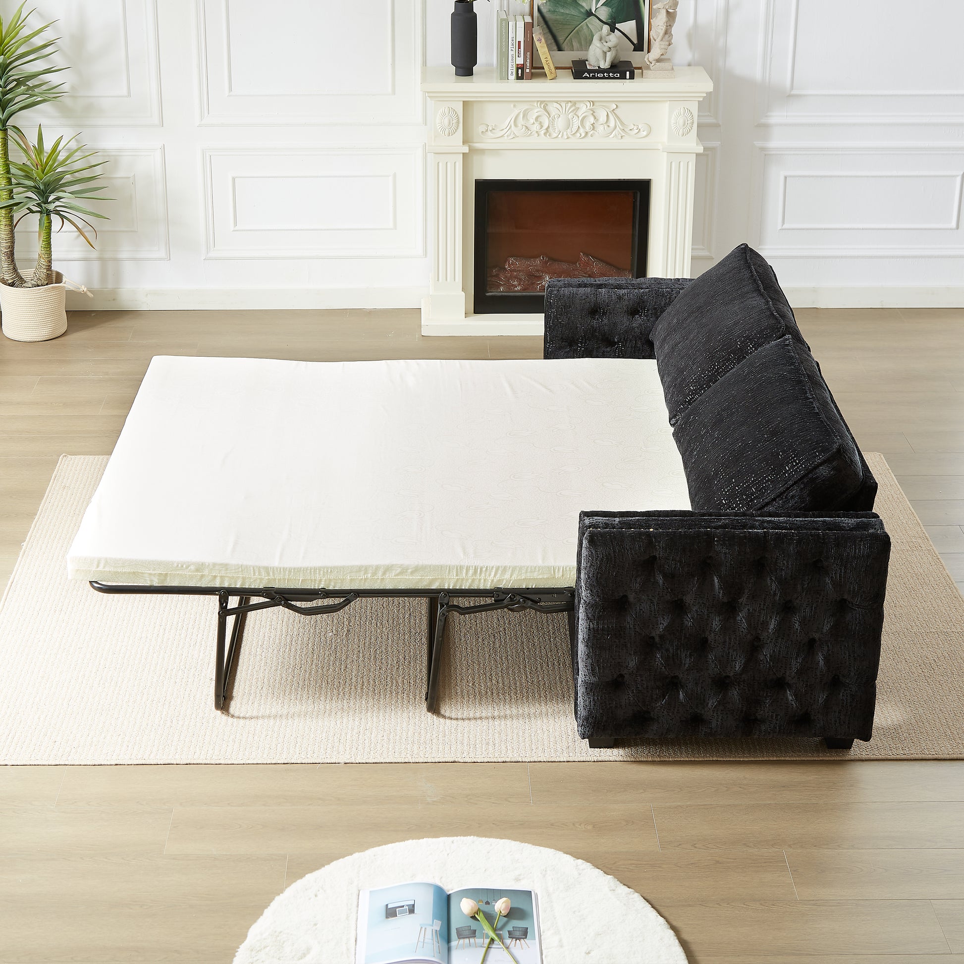 Convertible Sleeper Sofa With Memory Foam Mattress, 3 Seater Full Size Bed Couch For Living Rooms, Designed With Chenille Fabric Black Chenille 3 Seat