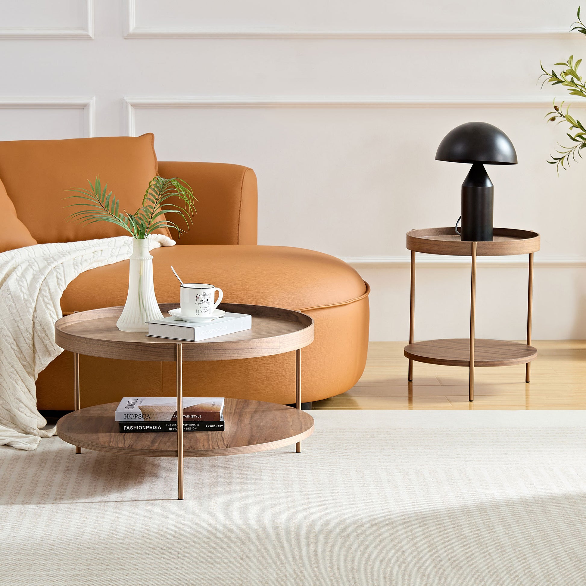 2 Piece Modern 2 Tier Round Coffee Table Set For Living Room,Easy Assembly Nesting Coffee Tables, End Side Tables For Bedroom Office Balcony Yard,Walnut Mdf Walnut Mdf Metal