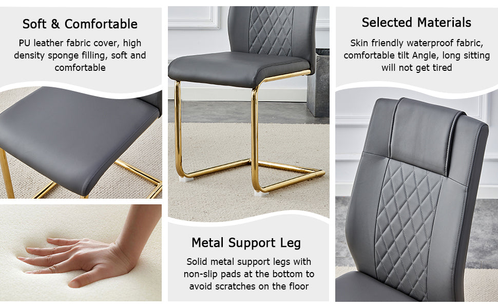 Table And Chair Set.Modern Rectangular Dining Table With Transparent Tempered Glass Tabletop And Gold Plated Metal Legs.Paried With 8 Comfortable Chairs With Pu Seats And Golden Metal Legs. Grey Gold,Transparent Seats 8 Glass Metal