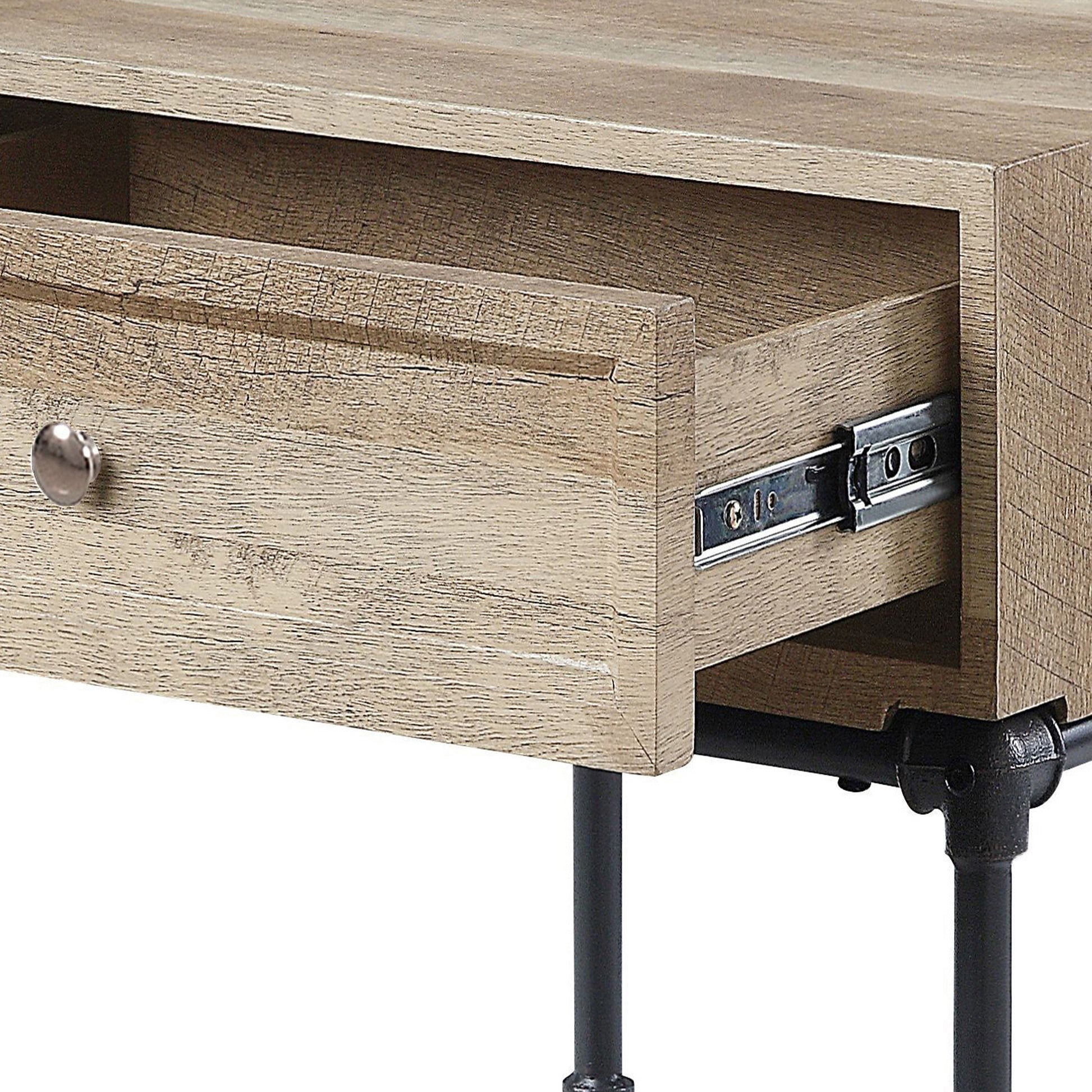 Oak And Sandy Black End Table With Slatted Lower Shelf Oak Primary Living Space Industrial Drawers Rectangular Wood Metal