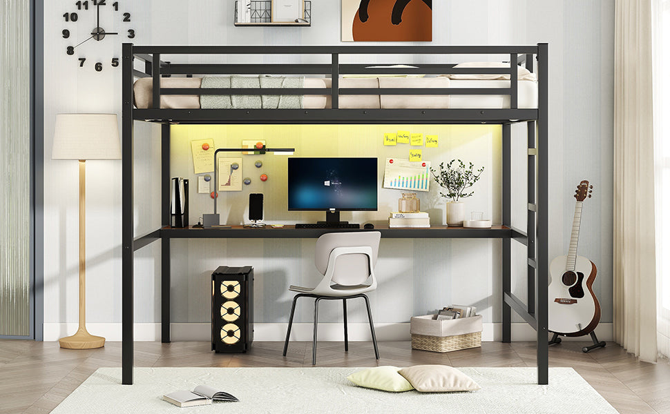 Metal Full Size Loft Bed With Power Outlet And Led Lighted, Space Saving, Noise Reduced, Black Full Black Metal