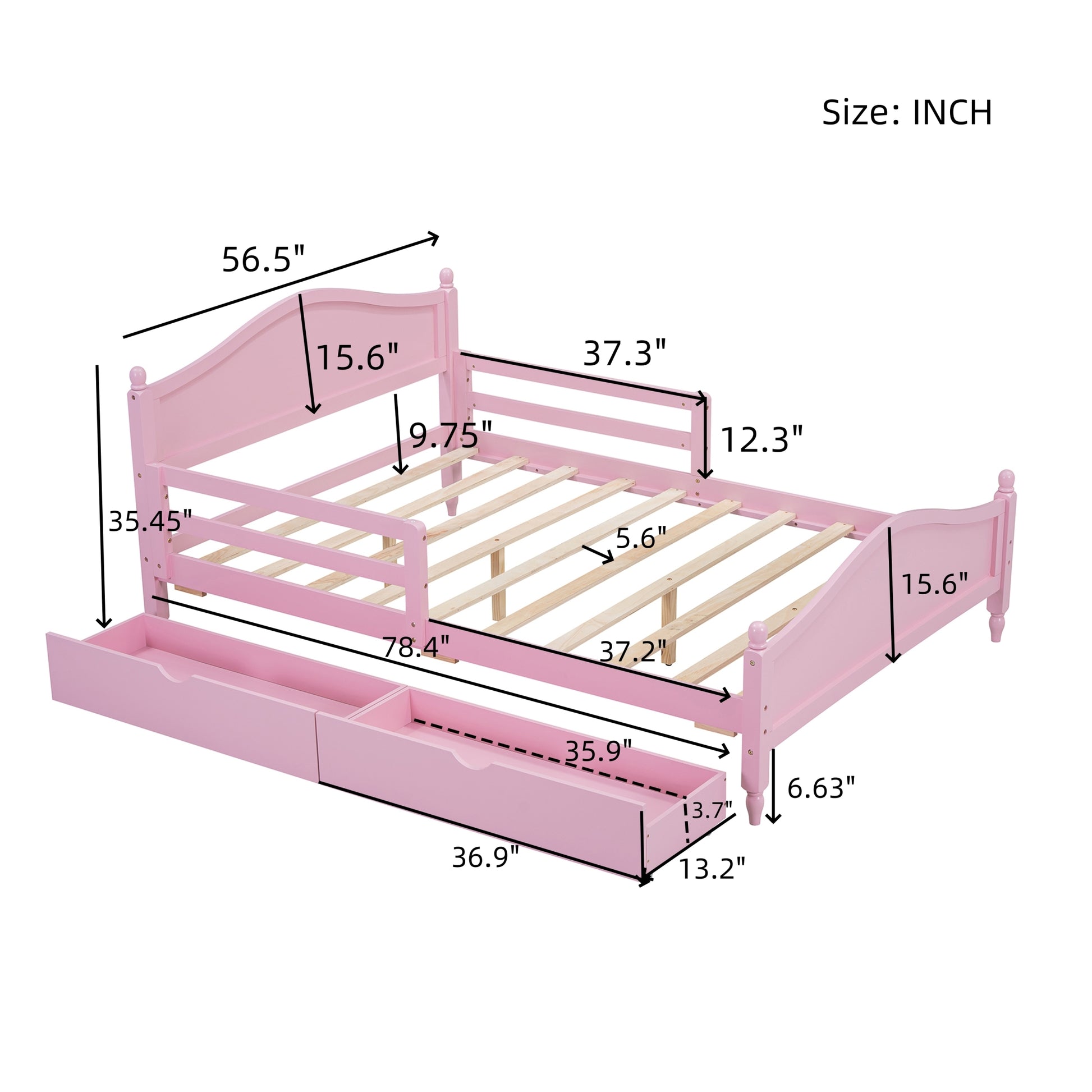 Full Size Wood Platform Bed With Guardrails On Both Sides And Two Storage Drawers ,Pink Full Pink Wood