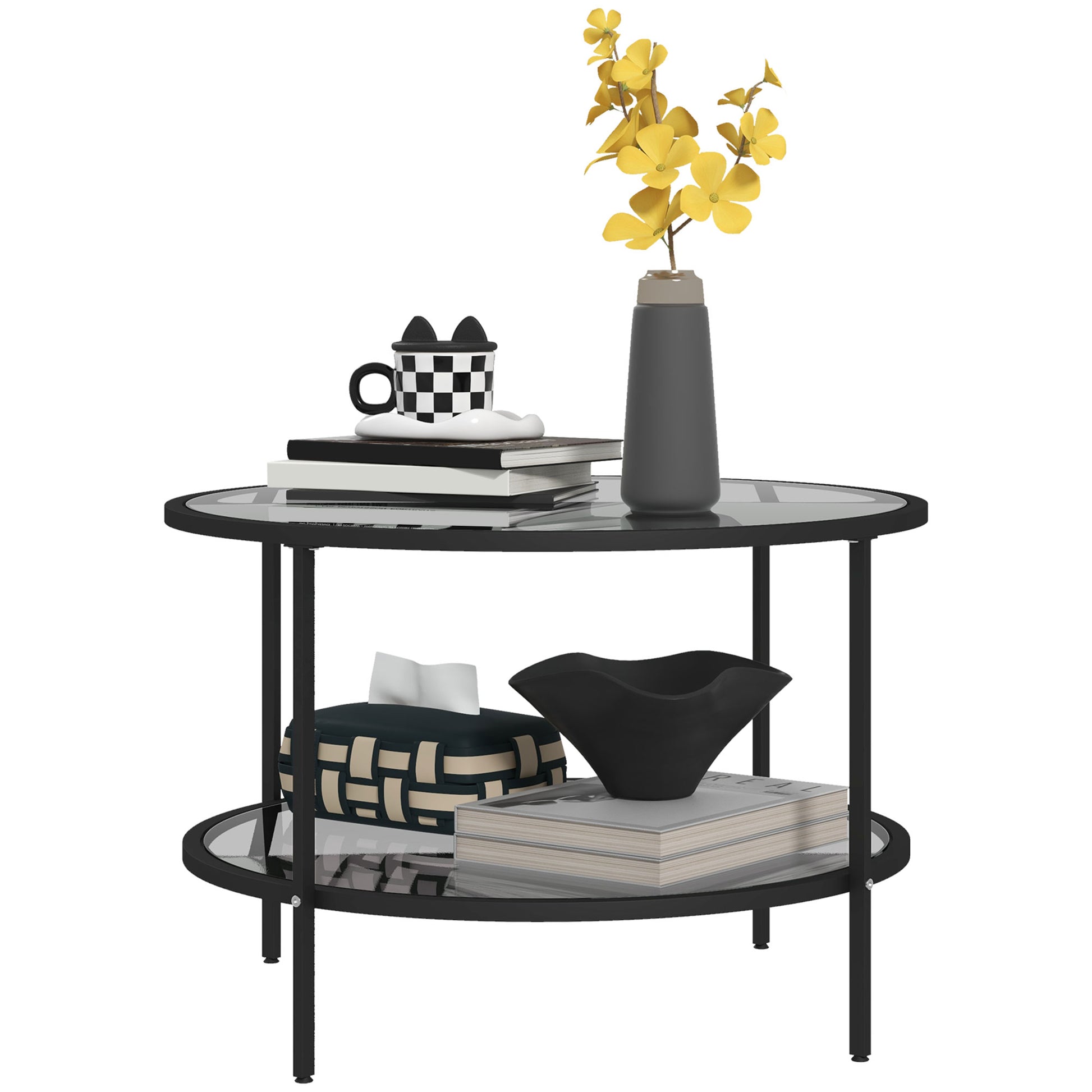 Homcom Side Table With Storage, 26" Round End Table, 2 Tier Tempered Glass Coffee Table With Steel Frame For Living Room, Black Black Glass Metal