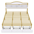 Metal Platform Bed With 3 Drawers, Storage Headboard, King, Gold King Gold White Fabric Metal