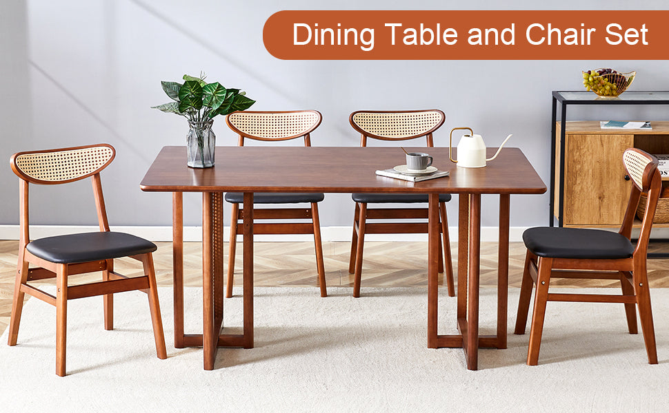 Table And Chair Set, Ancient Style Solid Wood Dining Table, Imitation Rattan Table Legs, Beautiful Simple Solid Wood Dining Chair, Perfect For Dinner, Meetings, Home And Office Decoration Walnut Rubber Wood