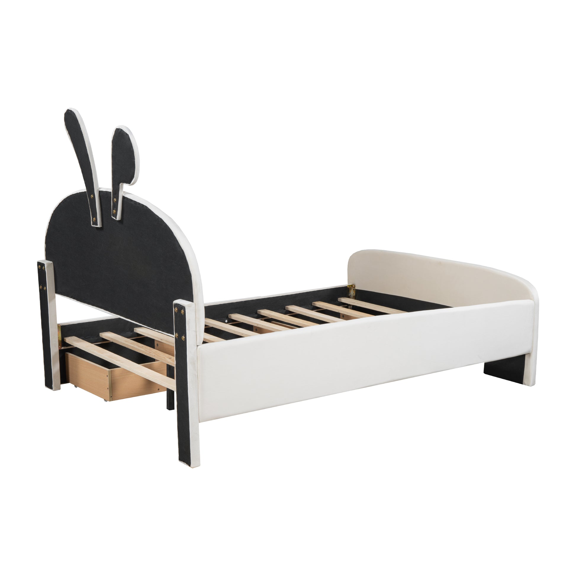 Full Size Velvet Platform Bed With Rabbit Shaped Headboard, With Drawers, With Bed End Storage Pocket, Beige Full Beige Plywood