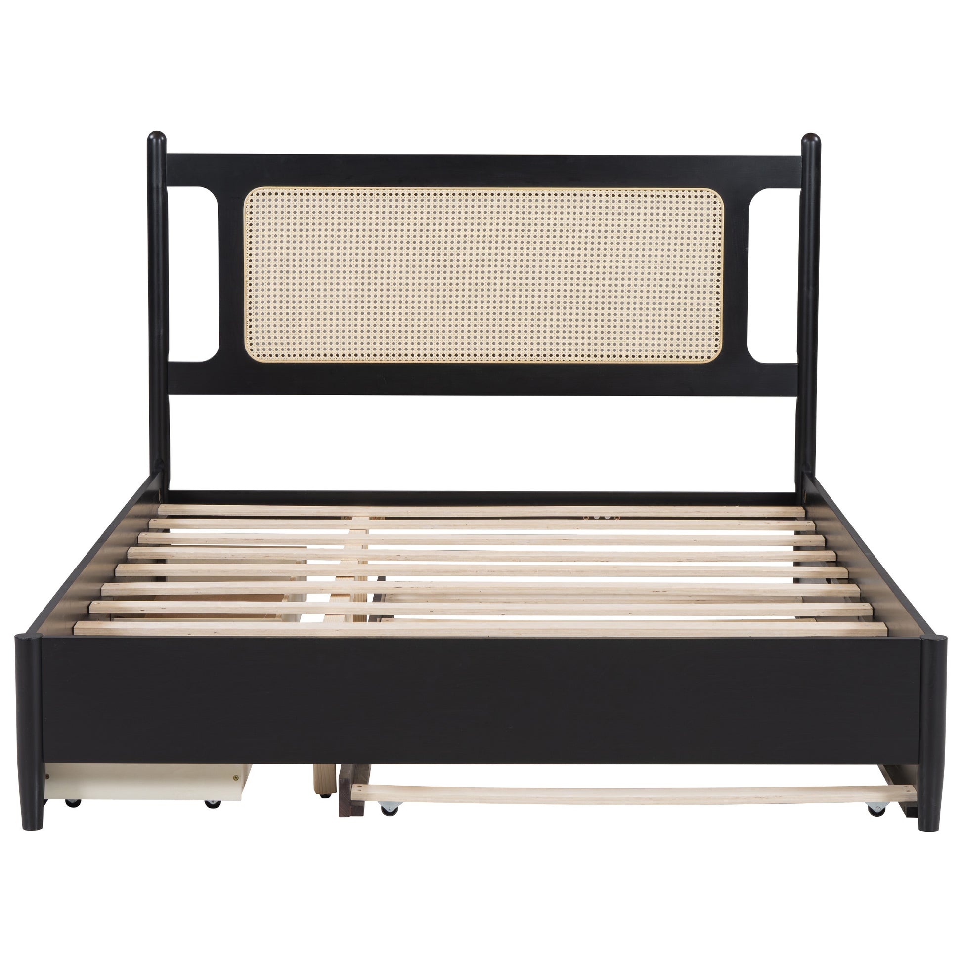 Queen Size Wooden Rattan Platform Bed, With 2 Big Drawers, T Size Trundle, Espresso Queen Espresso Plywood