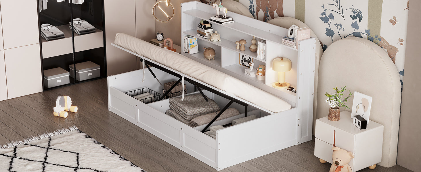 Twin Size Daybed Frame With Storage Bookcases And Underneath Storage, Usb Charging Station, White Twin White Solid Wood Mdf