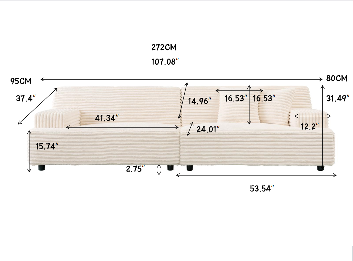 2291 Modern Sofa, Comfortable Cloud Sofa Soft Plush Corduroy Interior With Square Armrests, Living Room, Bedroom, Beige Beige Corduroy 3 Seat
