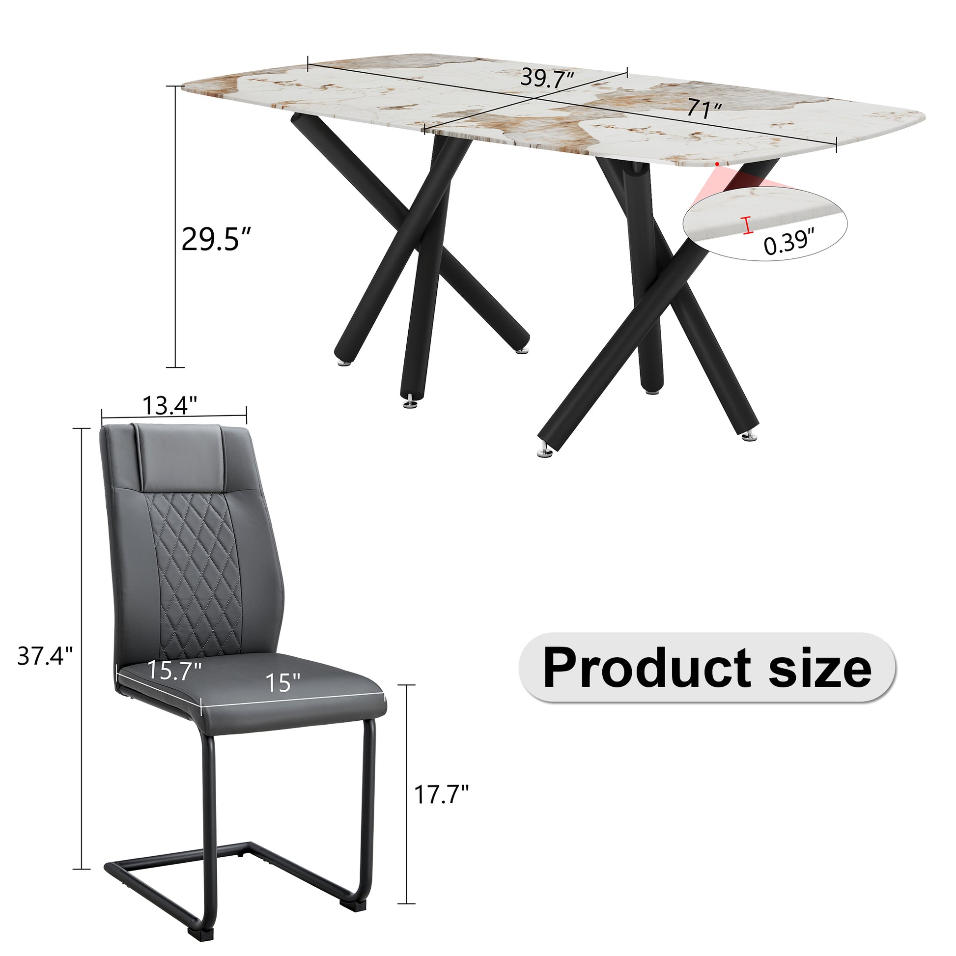 1 Table And 8 Chairs Set.A Rectangular Dining Table With A 0.39 Inch Imitation Marble Tabletop And Black Metal Legs.Paired With 8 Chairs With Pu Leather Seat Cushion And Black Metal Legs.F 1538,C 001 Black Glass Metal