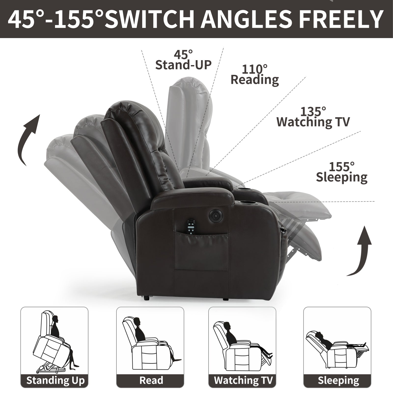 Infinite Position Up To 350 Lbs Power Lift Recliner Chair For Elderly, Heavy Duty Motion Mechanism With 8 Point Vibration Massage And Lumbar Heating, Usb Charging Port, Cup Holders, Brown White Metal Primary Living Space Heavy Duty Pine Brown Faux