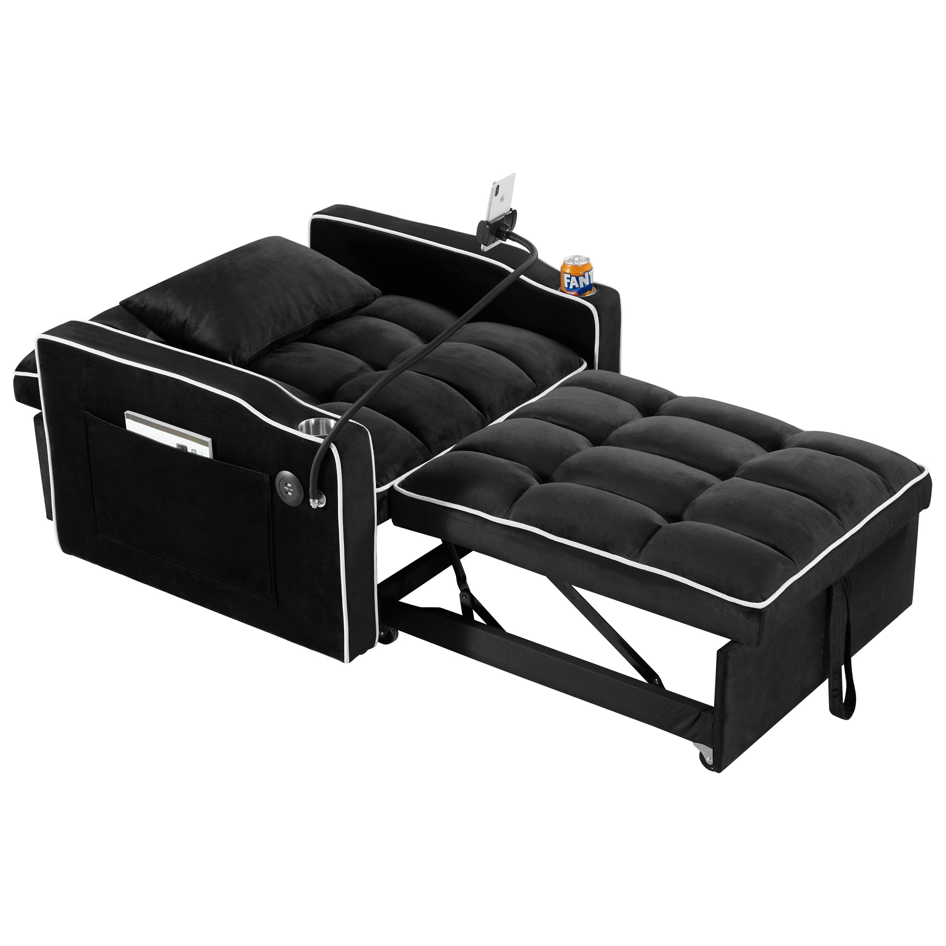 Convertible Sleeper Chair Sofa Bed Adjustable Pull Out Sleeper Chair Bed Multi Pockets Folding Sofa Bed For Living Room Bedroom Small Space,3 In 1 Sofa Bed, Black Black Velvet 1 Seat