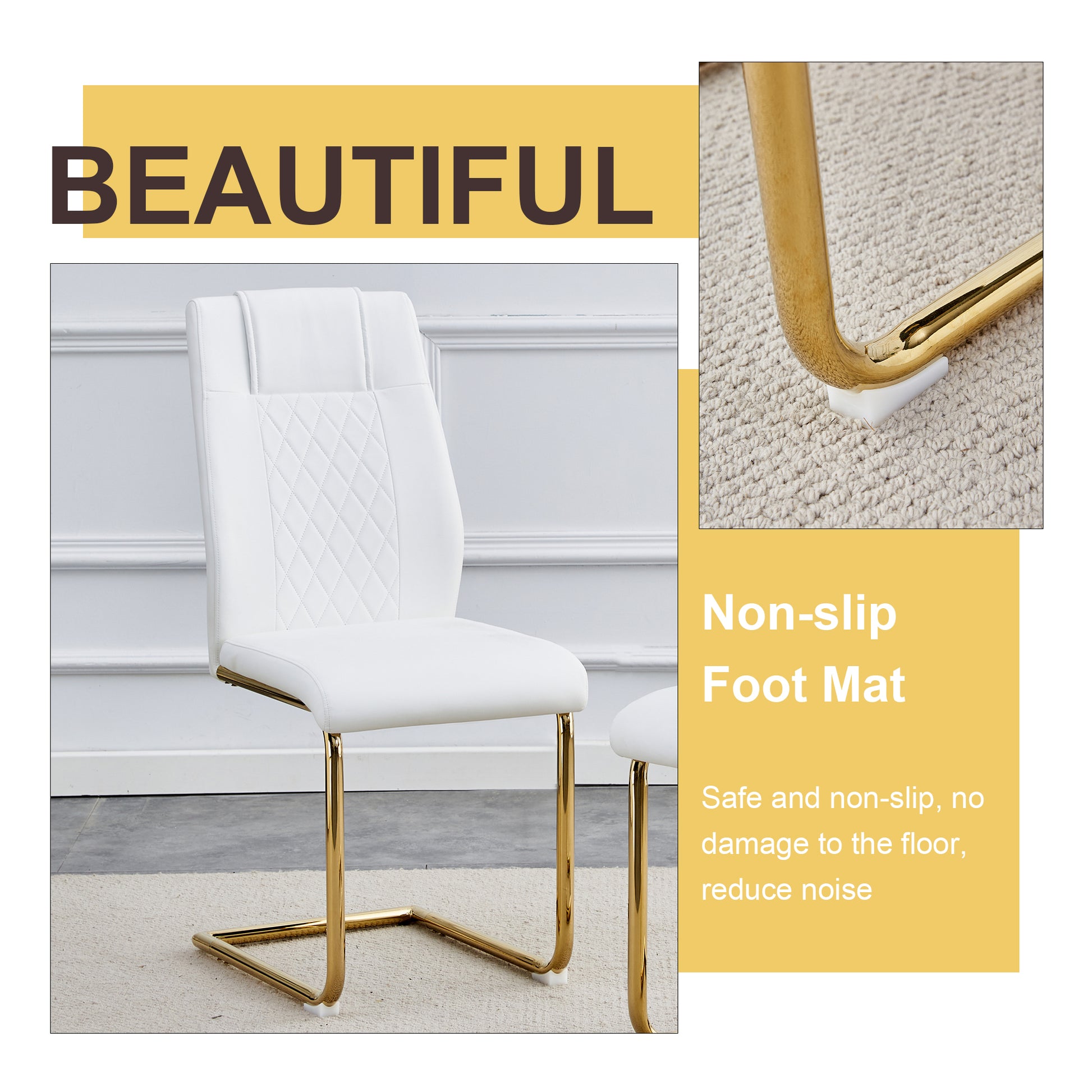 Table And Chair Set.A Modern Minimalist Style Round Clear Tempered Glass Table With Metal Legs.Paried With White Chairs With Modern Pu Leather High Back Upholstered And C Tube Golden Legs. Transparent Seats 6 Glass