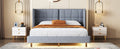 Queen Size Upholstered Platform Bed With Led Lights And U Shaped Headboard, Linen Fabric, Gray Queen Gray Wood Metal