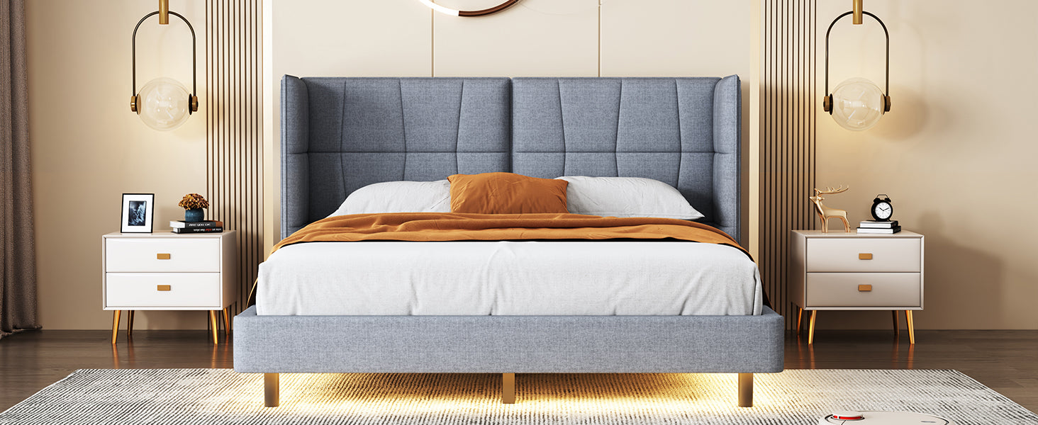 Queen Size Upholstered Platform Bed With Led Lights And U Shaped Headboard, Linen Fabric, Gray Queen Gray Wood Metal