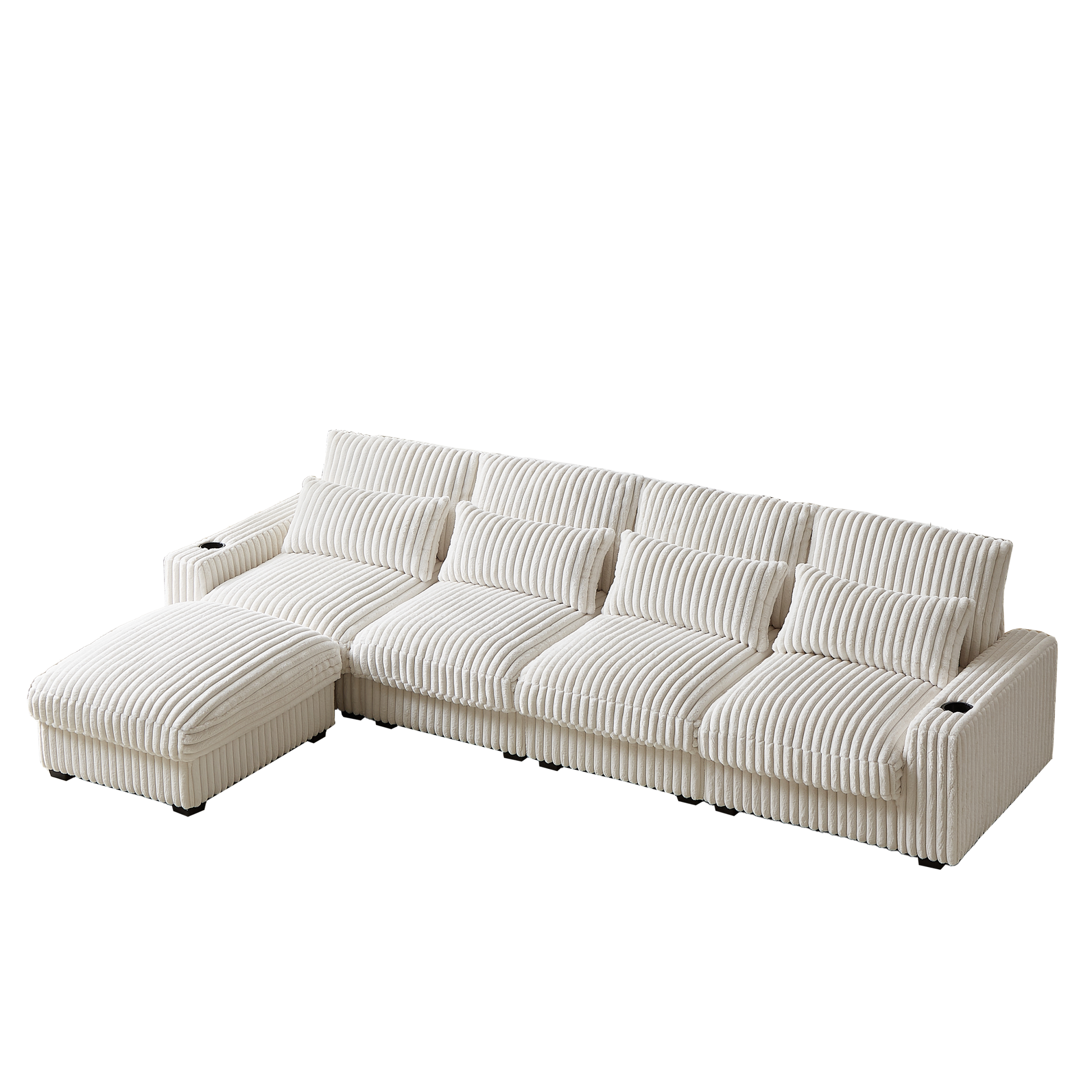 128 Inch Corduroy With Cup Holder Super Large L Shaped Sofa, Movable Footrest, Four Waist Pillows And Four Back Cushion, With Usb Port And T Pyce Port Beige Corduroy 3 Seat