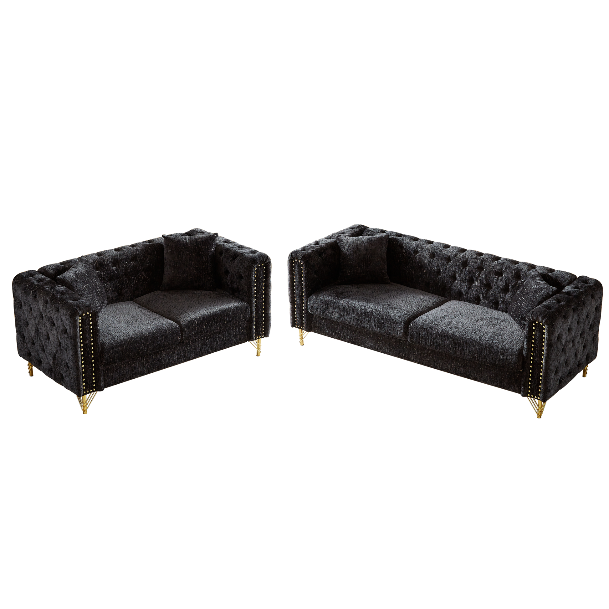 Chenille Pull Buckle Design Sofa For Living Room,Buttons Tufted With Copper Nail Decoration Armrest, Modern Couch Upholstered Button And Metal Legs Black Foam Chenille 5 Seat