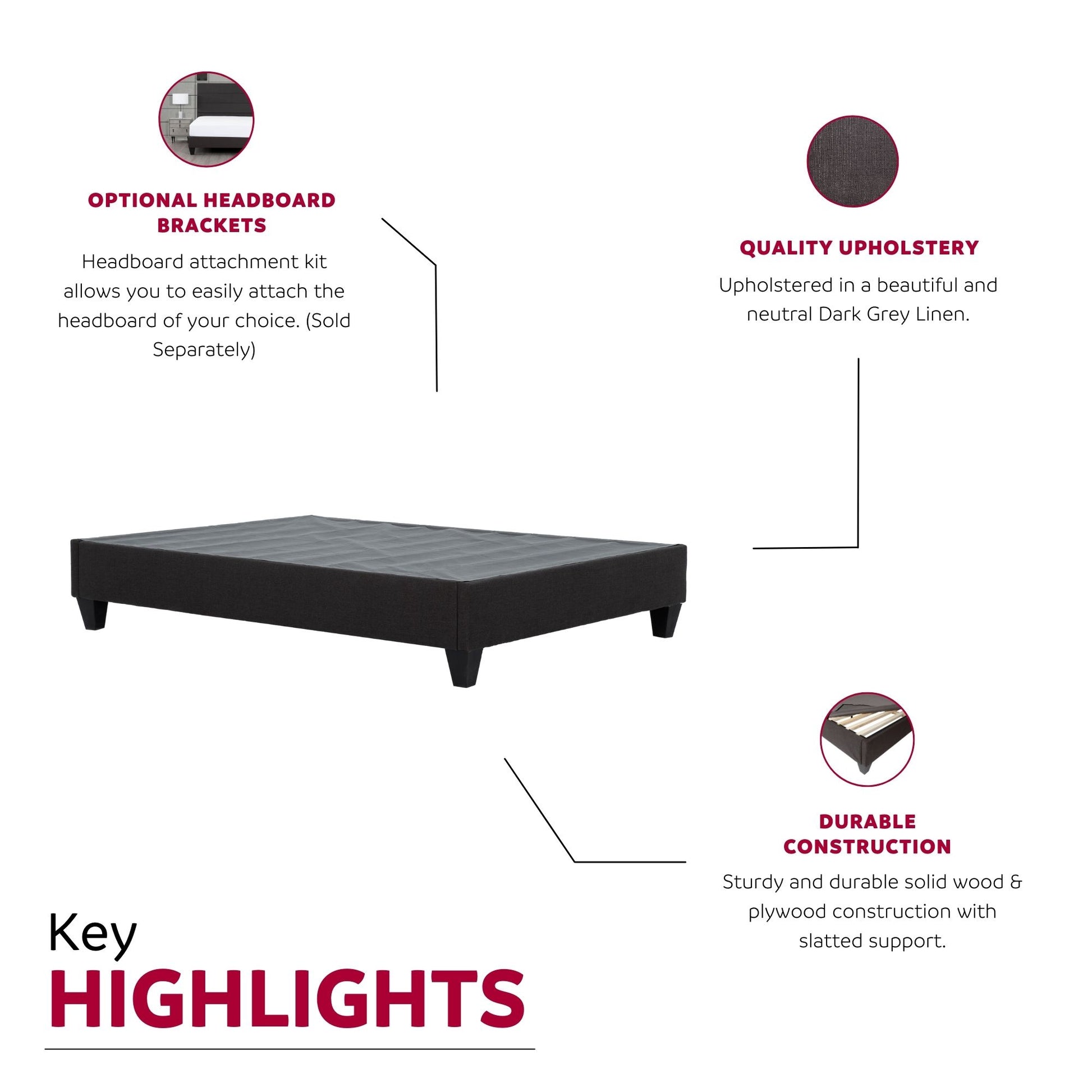 Modern Dark Grey Upholstered Platform Bed Frame, Full Box Spring Not Required Full Dark Grey Wood Bedroom Contemporary,Modern Bed Frame Fabric Plywood