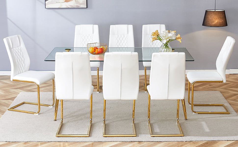 Table And Chair Set.Modern Rectangular Glass Dining Table With A Tempered Glass Tabletop And Metal Legs, Paired With Multiple Chairs Designed With Pu Cushions And Golden Metal Legs. White Gold Seats 8 Tempered Glass
