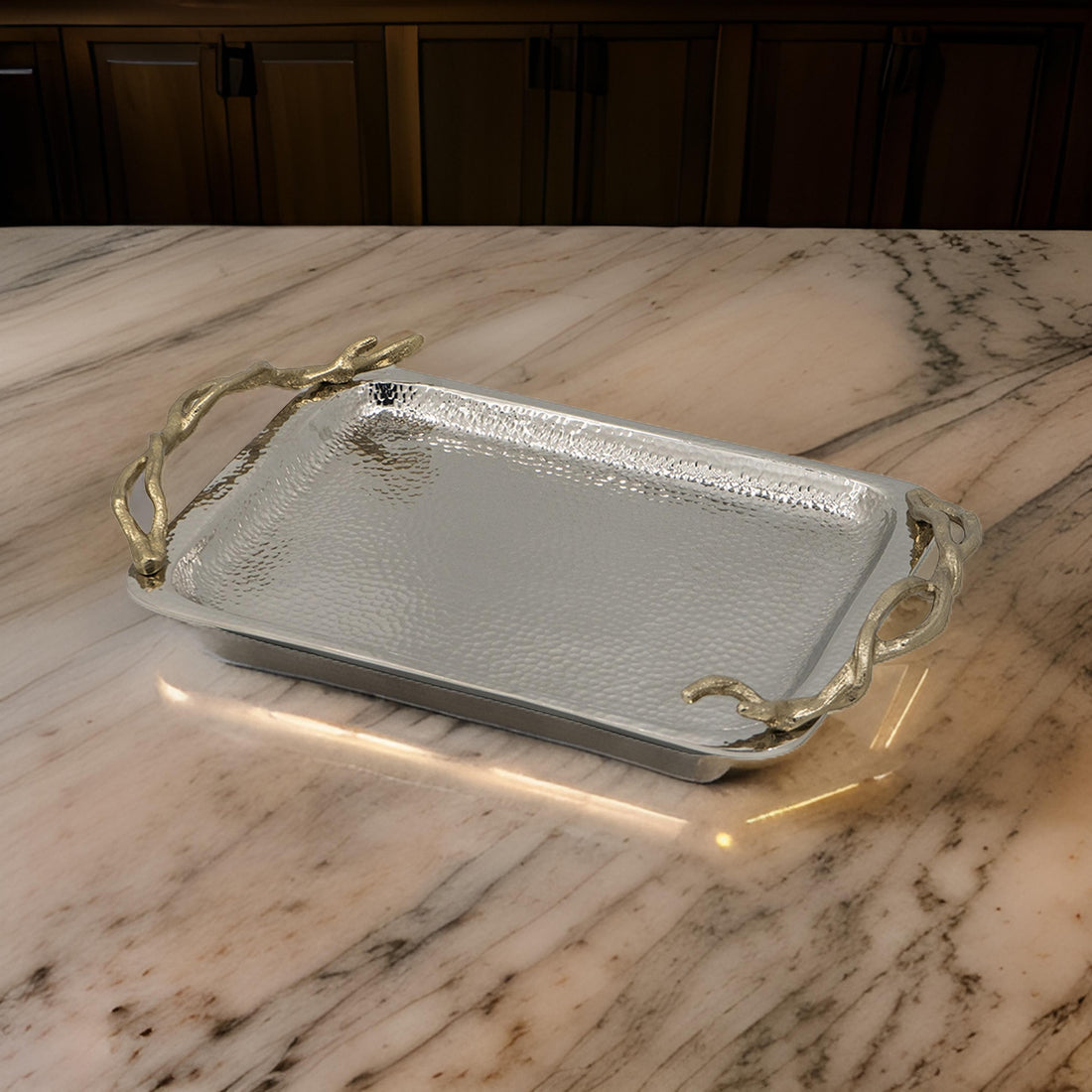 16 Inch Rectangular Decorative Tray, Branch Design Handles, Silver, Gold Silver Aluminium