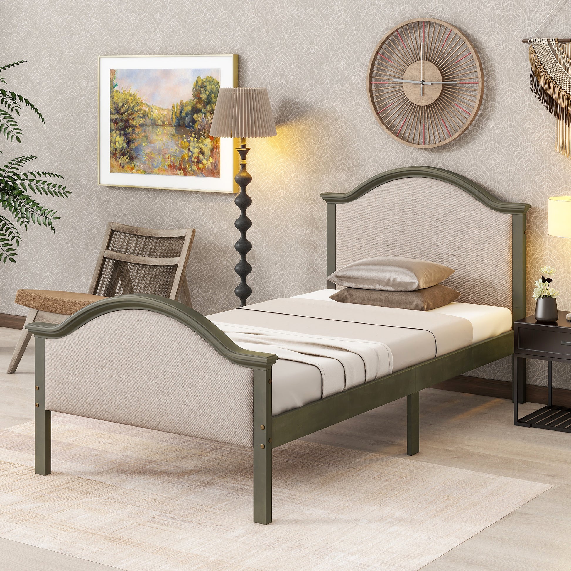Twin Bed With Upholstered Headboard And Footboard, With Slats,Grey Twin Grey Bedroom American Design Pine