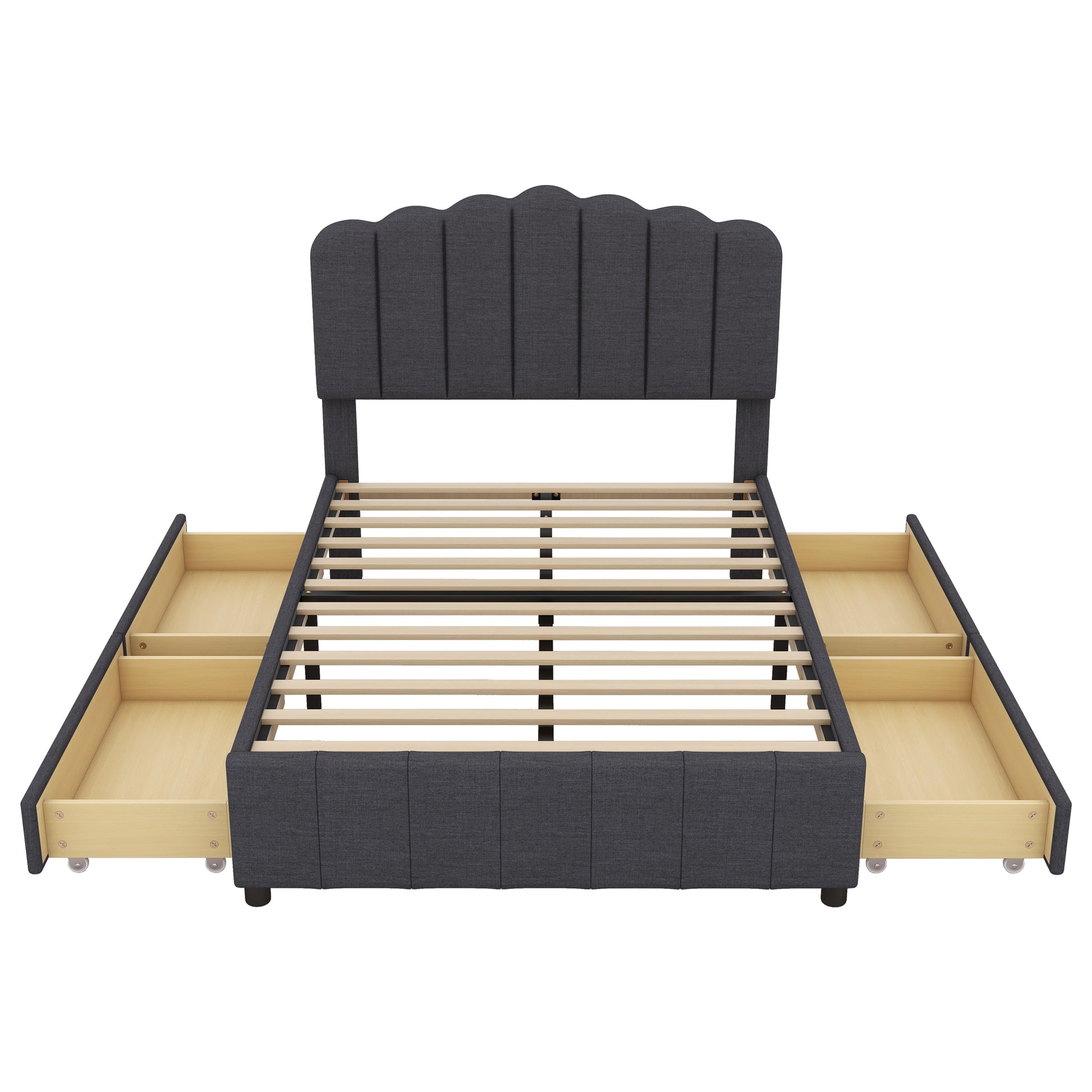 Full Size Upholstered Bed With 4 Storage Drawers,Wood Slat Support, Gray Full Gray Upholstered