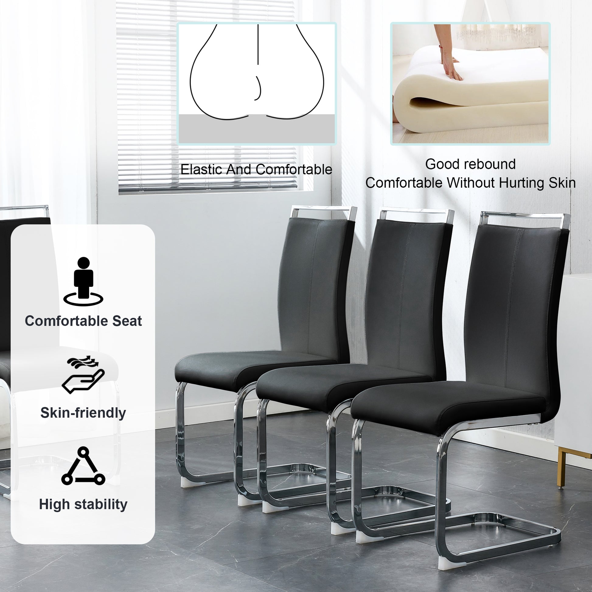 Table And Chair Set. Large Modern Rectangular Table With Glass Top And Silver Metal Legs. Furnished With Soft And Comfortable Pu Chairs With Faux Leather Upholstered Seats And Silver Metal Legs. Black Silver Seats 8 Glass Metal