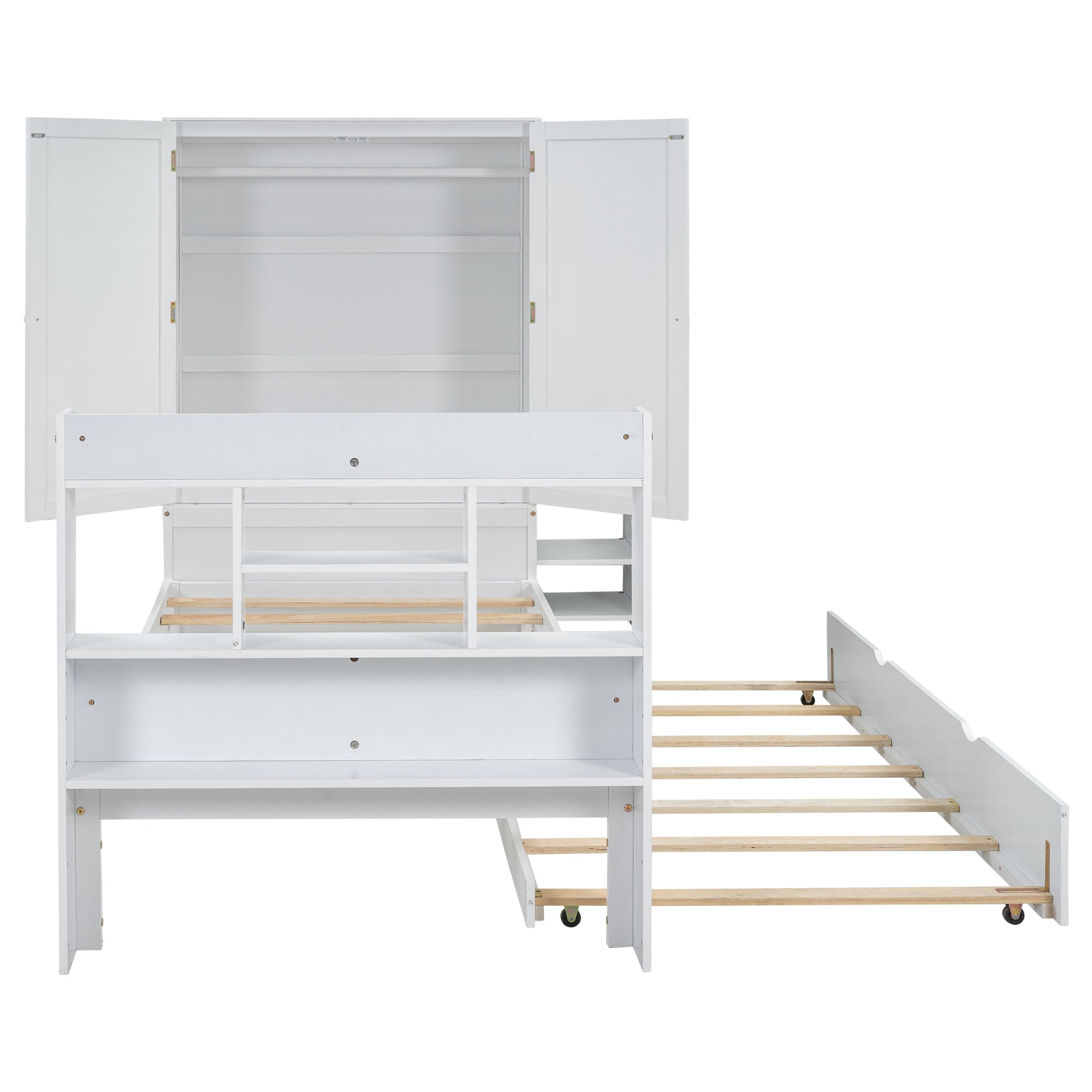 Twin Size Platform Bed With Storage Headboard And Footboard, Pull Out Shelves And Twin Size Trundle, White Box Spring Not Required Twin White Wood Bedroom Bed Frame Solid Wood Mdf