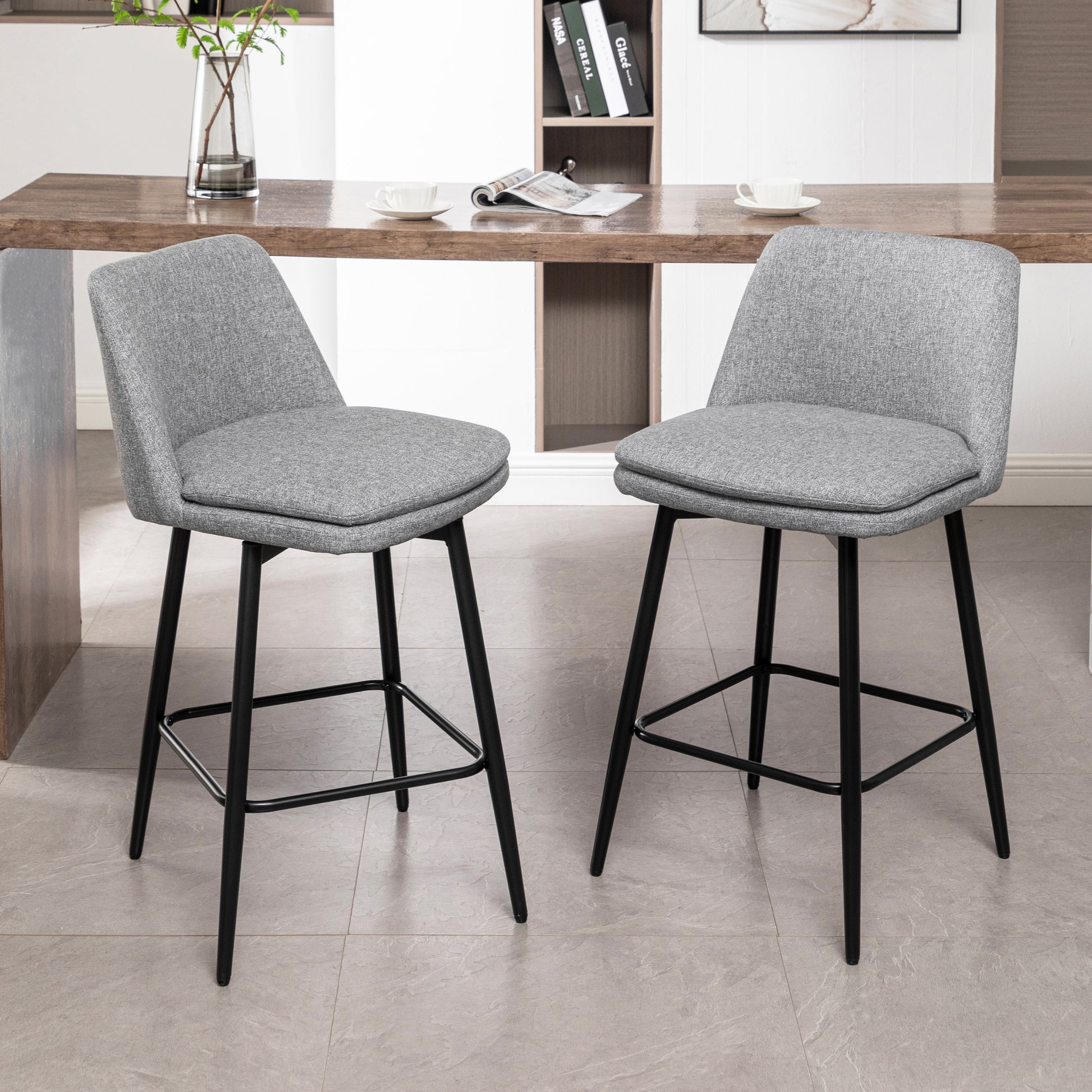 Counter Height Swivel Bar Stools Set Of 2, 360 Swivel Upholstered Barstools With Back And Metal Legs, 25.6" Seat Height,Counter Stools For Kitchen Island And Pub,Linen Cloth,Grey Light Grey Set Of 2 Linen