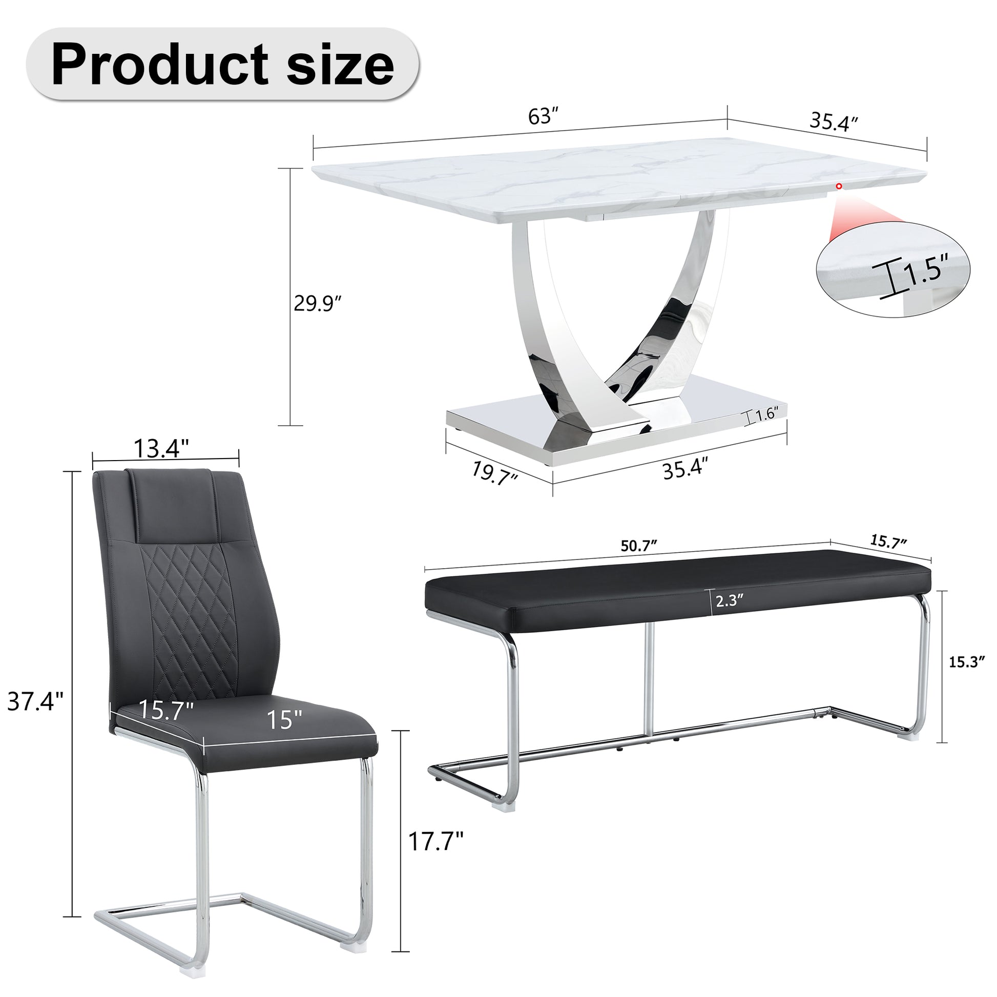 Table And Chair Set. Large Modern Rectangular Table With White Textured Top And Silver Metal Legs. Soft And Comfortable Pu Seats, Faux Leather Upholstered Seats And Sturdy Metal Legs. White Black Mdf Metal