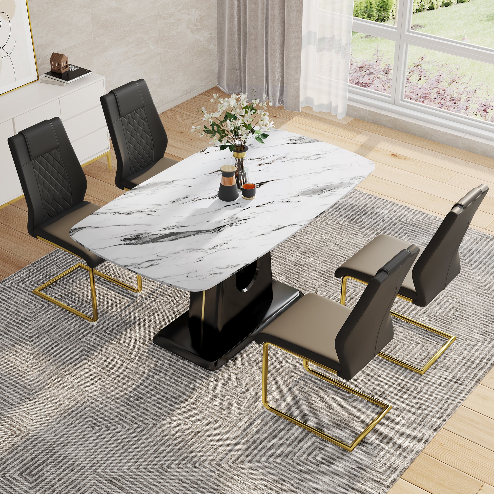 Table And Chair Set, Modern And Minimalist Dining Table, Imitation Marble Patterned Tabletop, Mdf Legs With U Shaped Brackets. Paired With Comfortable Chairs, Suitable For Dining And Living Rooms. Black Gold Mdf Glass