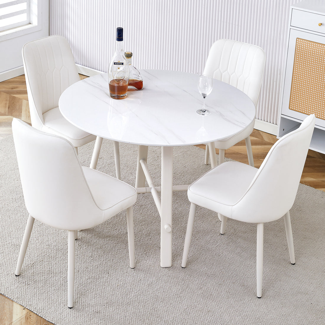 Table And Chair Set, Mdf Desktop, White Metal Table Legs, Stable And Beautiful, Suitable For Most Styles Of Home. Modern Simple Dining Table, Comfortable Seating. White Seats 4 Mdf