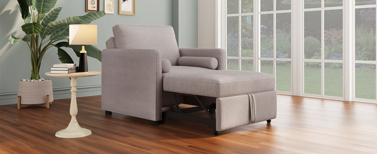 3 In 1 Convertible Sleeper Chair With Adjustable Backrest, Lounger Chair Turns Into Bed, Single Bed For Living Room, Linen, Tan Tan Linen