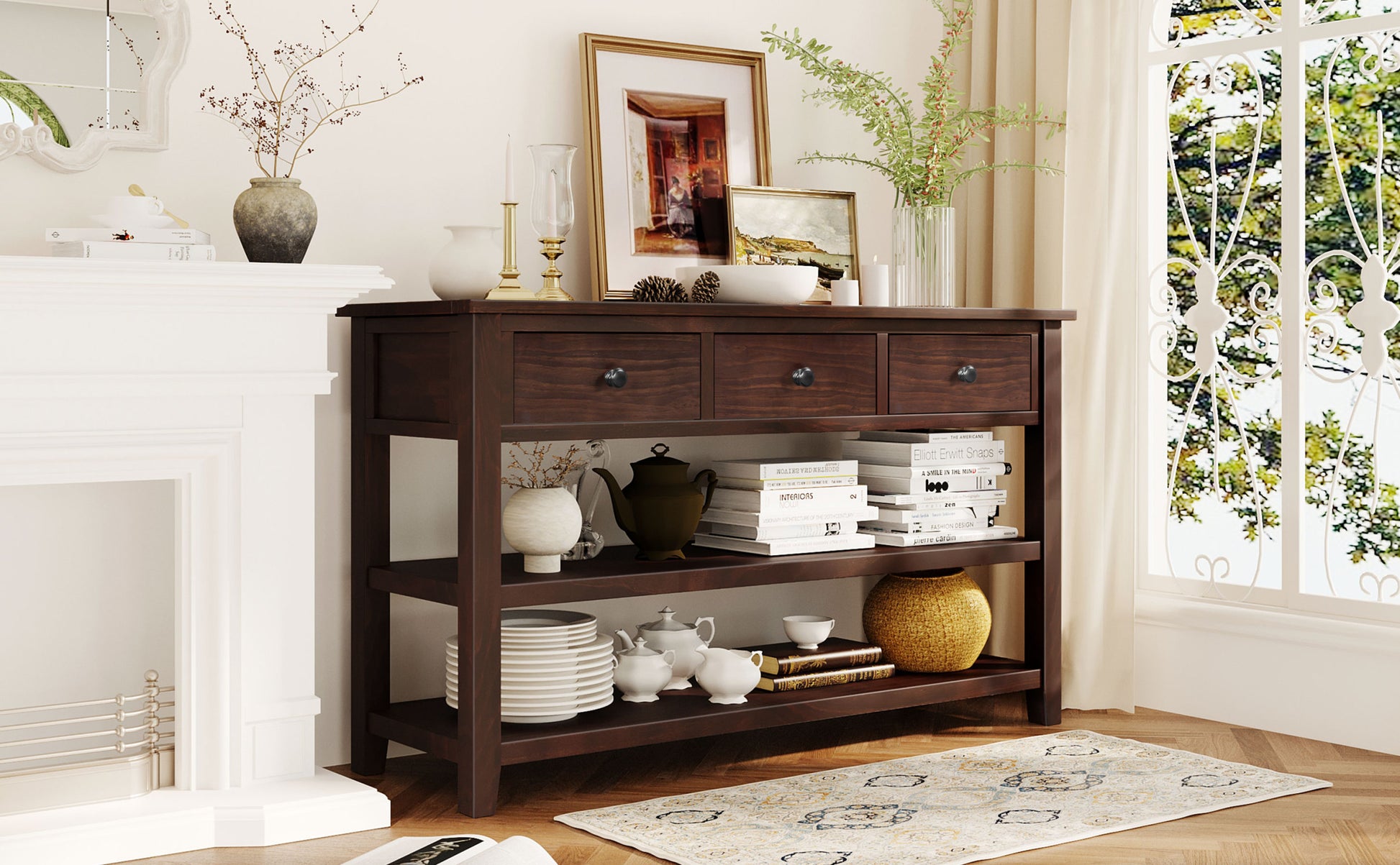 Retro Design Console Table With Two Open Shelves, Pine Solid Wood Frame And Legs For Living Room Espresso Espresso Solid Wood Mdf