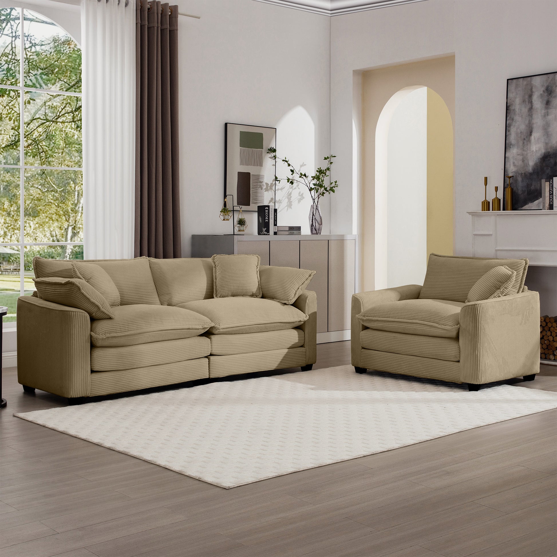 Modern Living Room Sofa Two Piece Set, Suitable For Living Room And Bedroom Sofa Set, Consists Of A Single Seat And A 3 Seater Sofas, Tan Corduroy Tan Corduroy 3 Seat