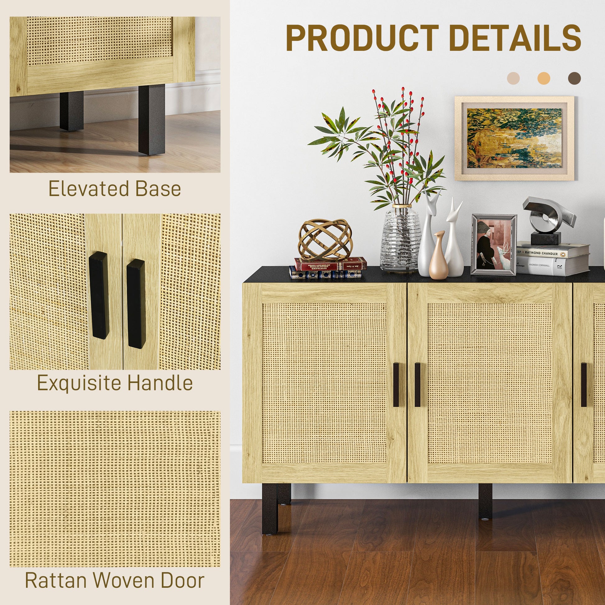 Homcom Sideboard Buffet Cabinet, Kitchen Cabinet, Coffee Bar Cabinet With 3 Rattan Doors And Adjustable Shelves, Black And Natural Black Natural Particle Board