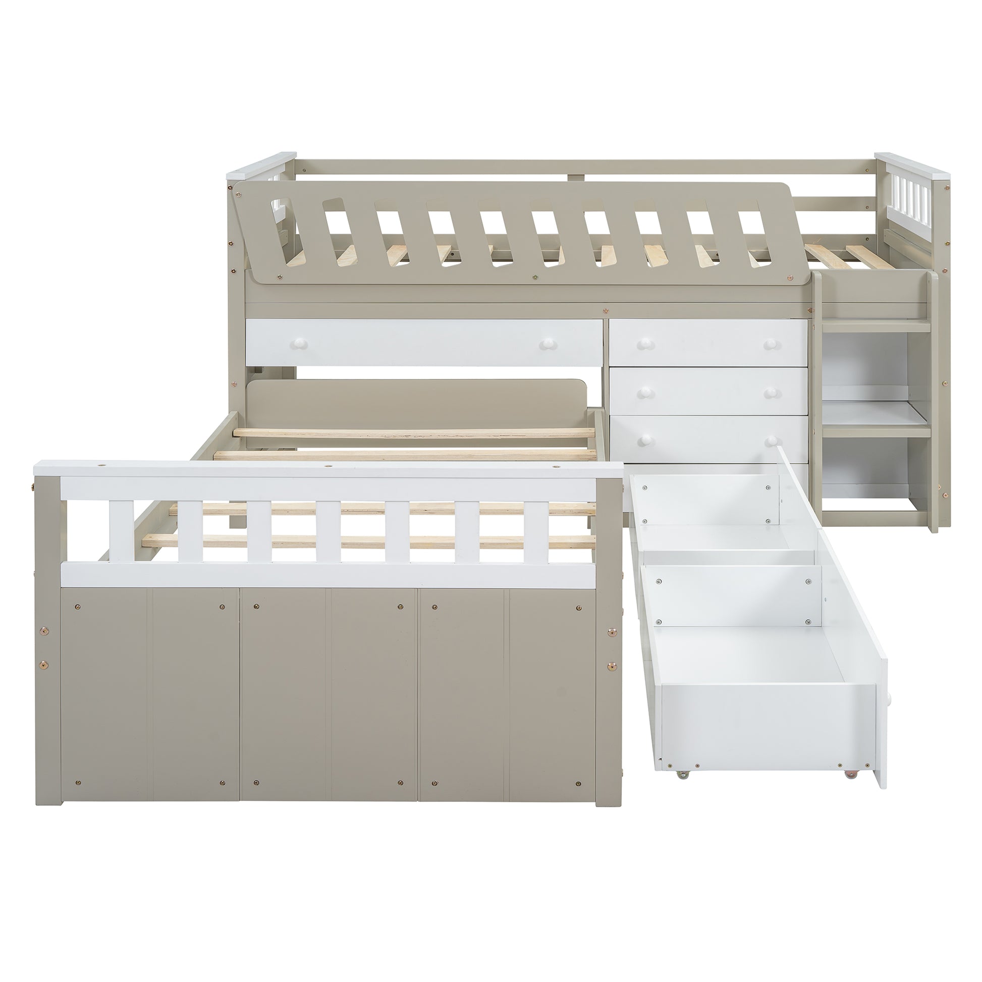 L Shaped Space Saving Twin Loft And Twin Platform Bed With 7 Drawers And Full Guardrails White Light Brown Twin Brown White Solid Wood