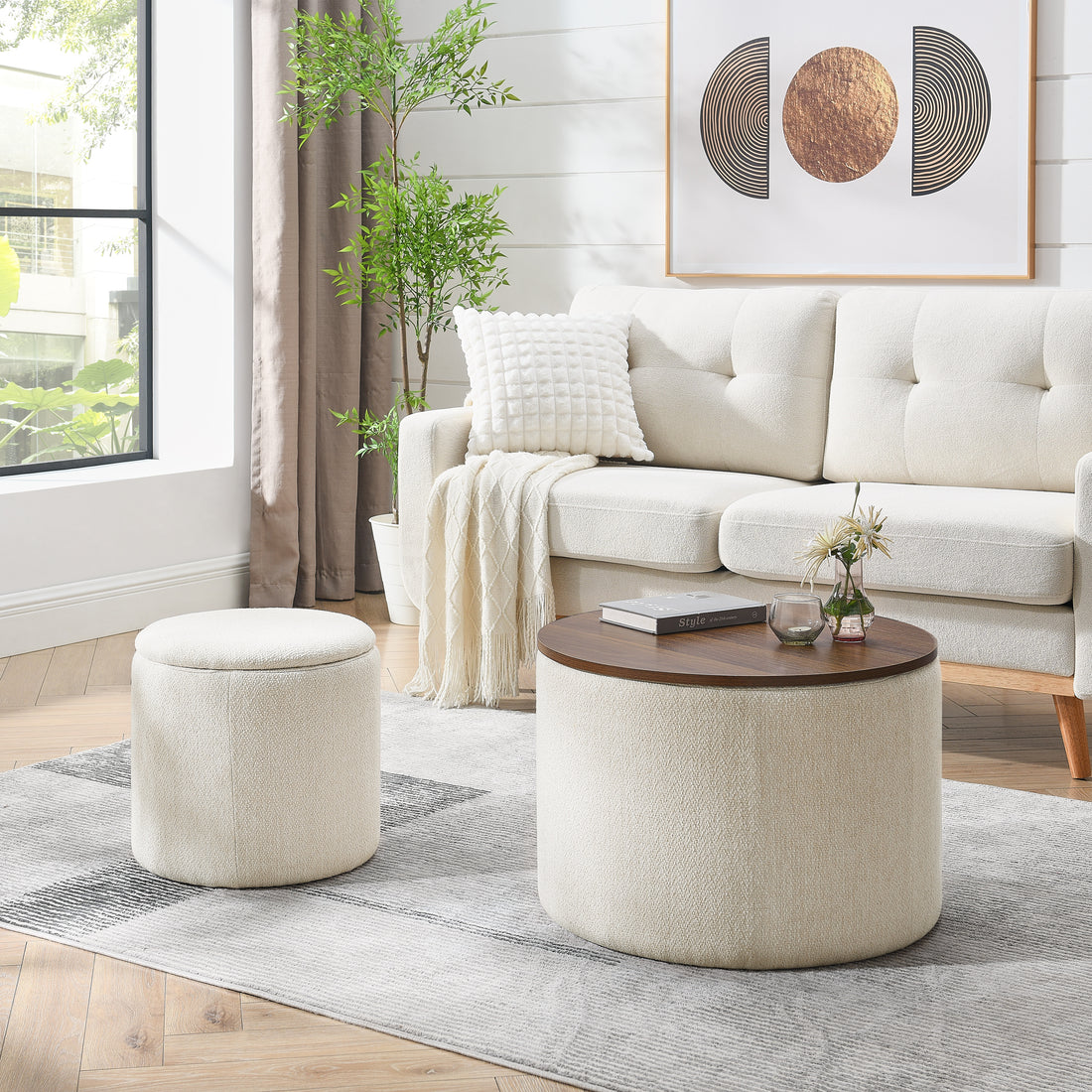 2 Piece Set Round Chenille Storage Ottoman, Equipped With A Drum Shaped Small Stool, Storage Space, And Mdf Made Desktop Panel Beige 23.62"X23.62"X16.53" Beige Chenille