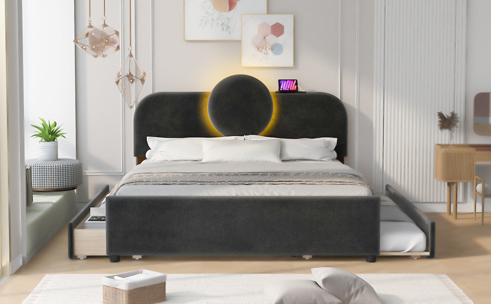 Queen Size Upholstered Platform Bed With Multi Functional Headboard, Trundle And 2 Drawers, Gray Box Spring Not Required Queen Gray Wood Bedroom Upholstered